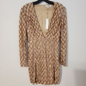 b-Sharp Rose Gold Long Sleeve Sheath Vneck Sequins Mini Dress Size M